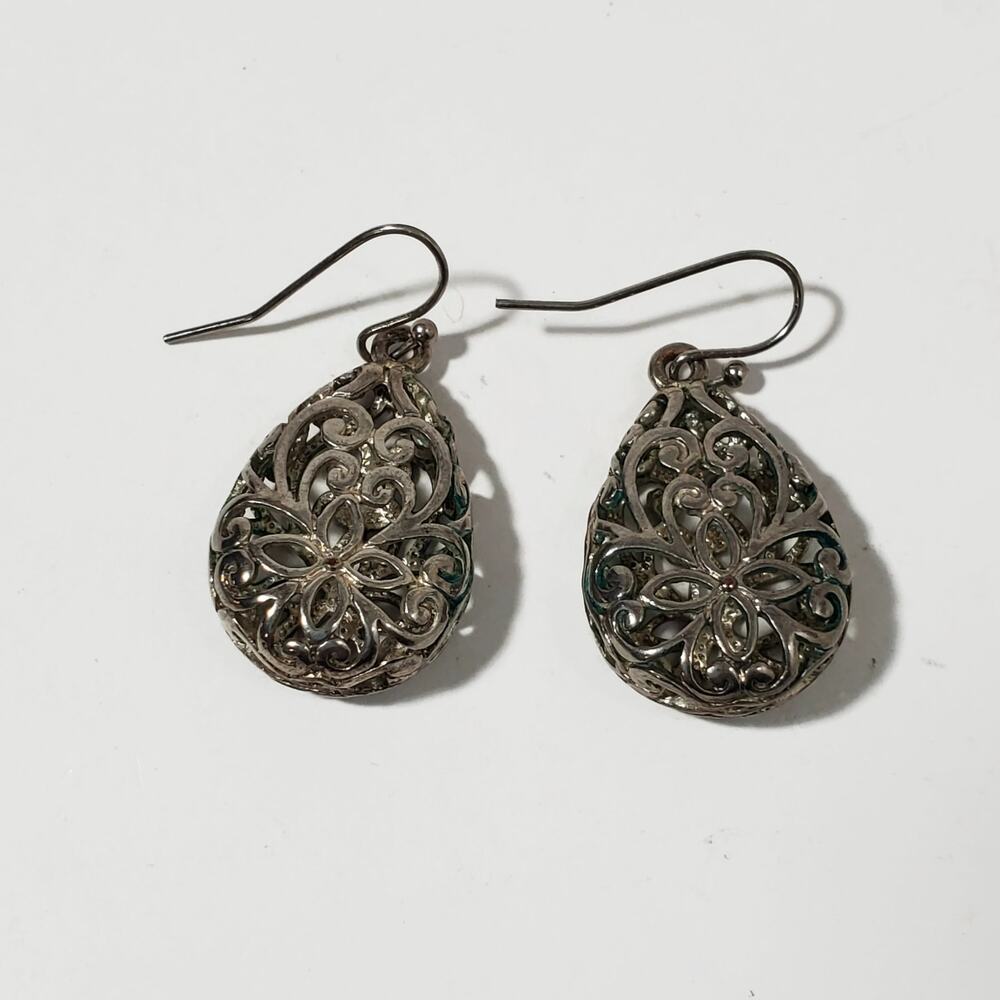 Puffy Filigree Teardrop Shaped Silver Tone Drop Dangle Earrings